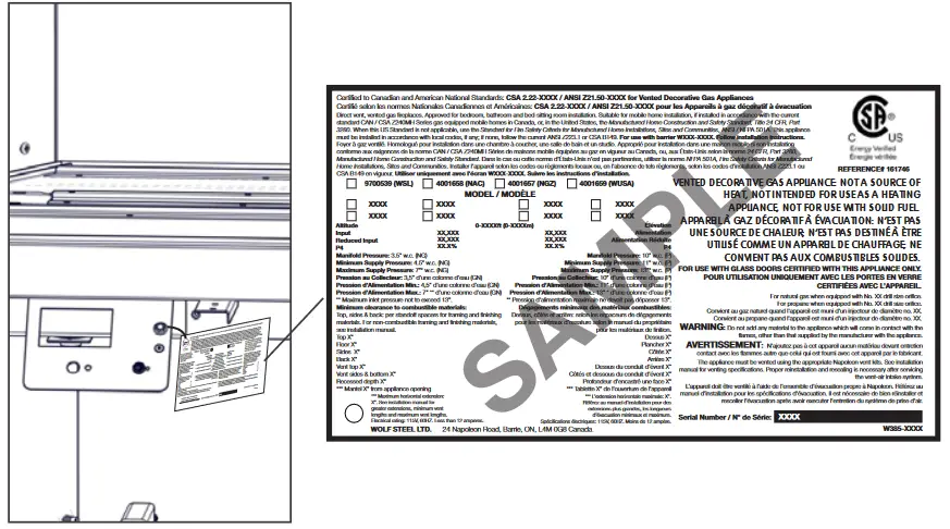 NAPOLEON BL36NTEA1 Ascent Pro Series Electronic Ignition Direct Vent Gas Fireplace - rating plate