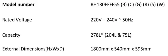 Russell Hobbs RH180FFFF55 54cm Wide Fridge Freezer - Technical Specification