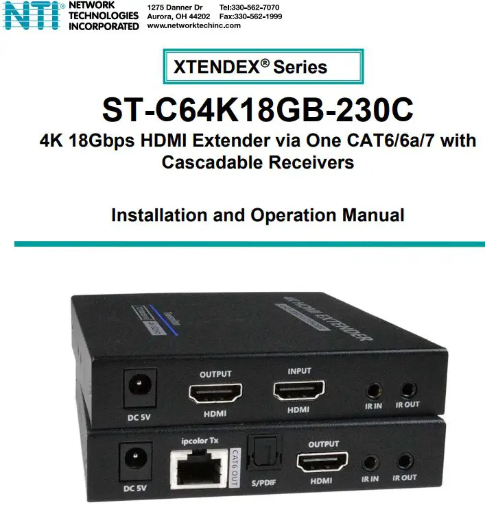 NTI ST-C64K18GB-230C 4K 18Gbps HDMI Extender via One CAT6-6a-7 with Cascadable Receivers User Manual