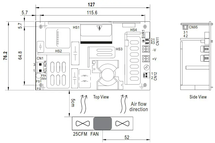 MEAN WELL RPS 500 Series 500W Reliable Green Medical Power Supply - Mechanical Specification