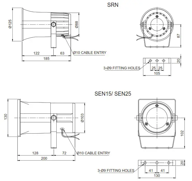 QLIGHT SEN25 General Electric Horn - Dimensions