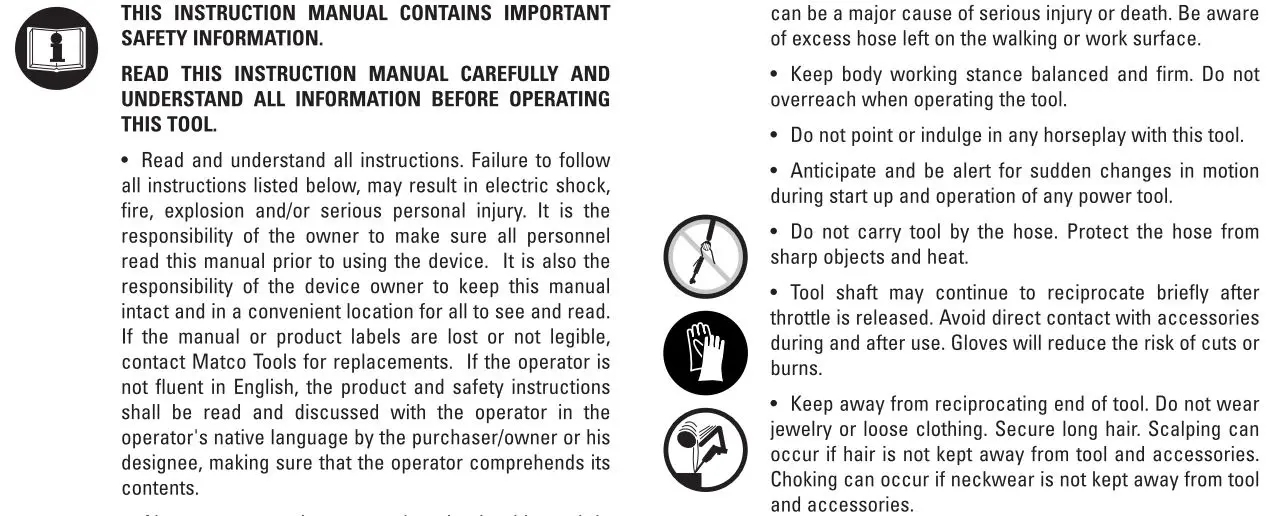 MATCO TOOLS MT1250 Heavy-Duty Pneumatic Straight Needle Scaler Instruction Manual - Failure to Observe these warnings could result in injury
