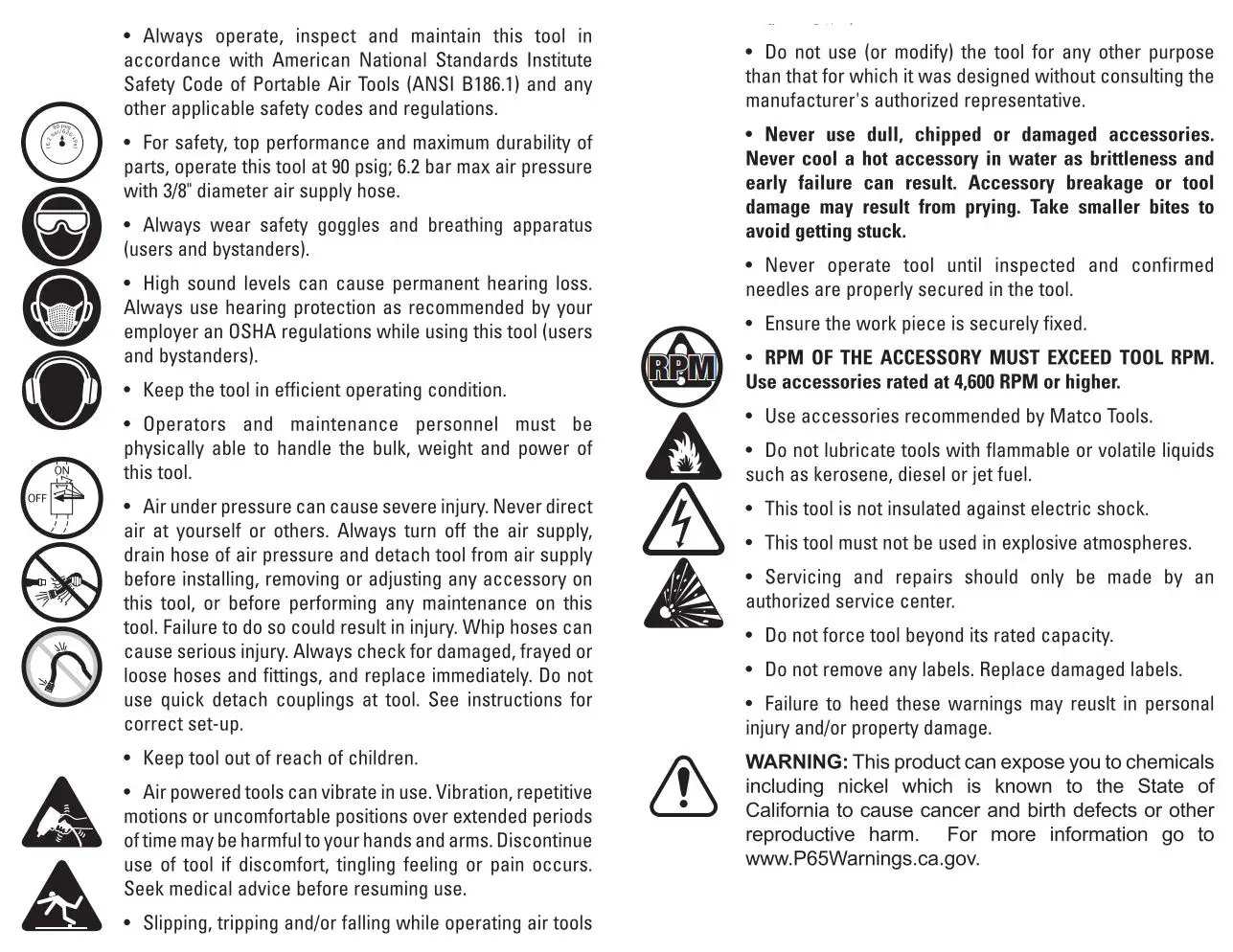 MATCO TOOLS MT1250 Heavy-Duty Pneumatic Straight Needle Scaler Instruction Manual - Failure to Observe these warnings could result in injury