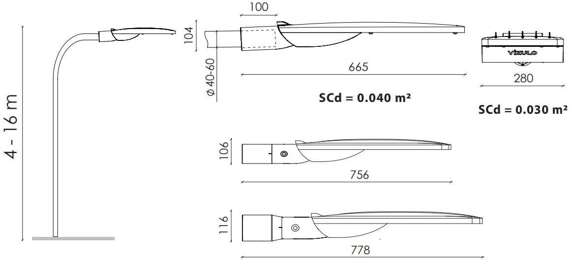 VIZULO Stork Little Brother LED Street Luminaire - DIMENSIONS
