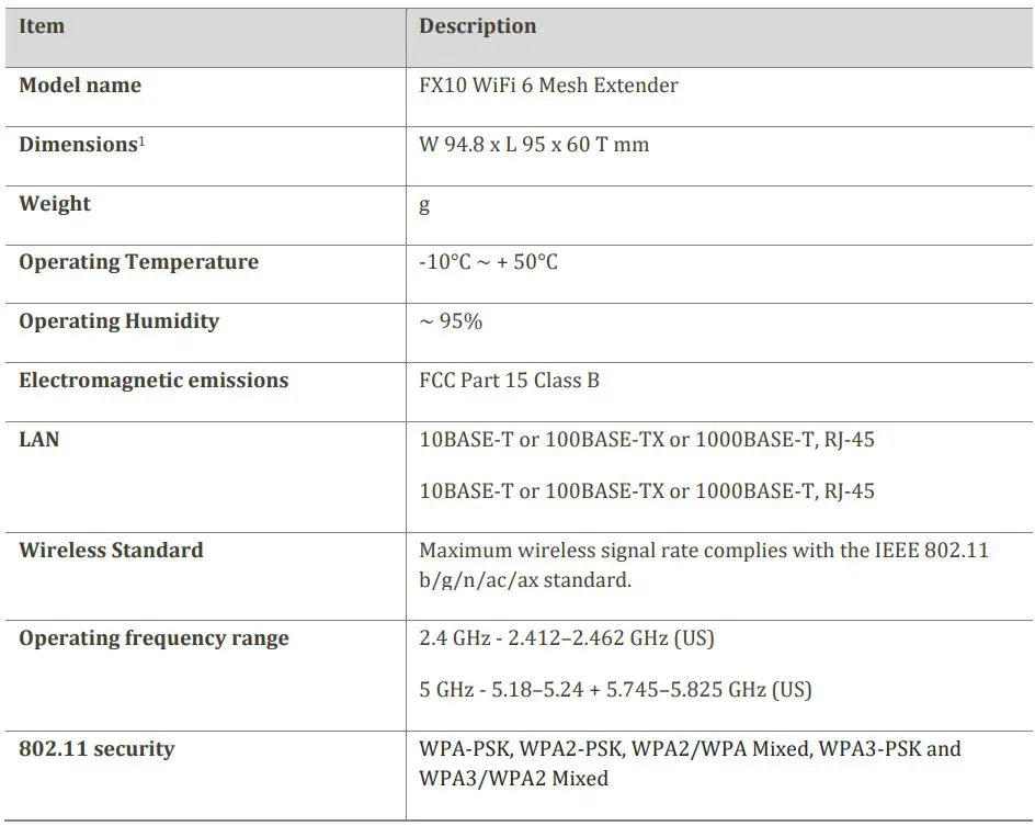 Franklin FX10 JEXtream AX1800 WiFi 6 Mesh Extender User Manual - Specifications