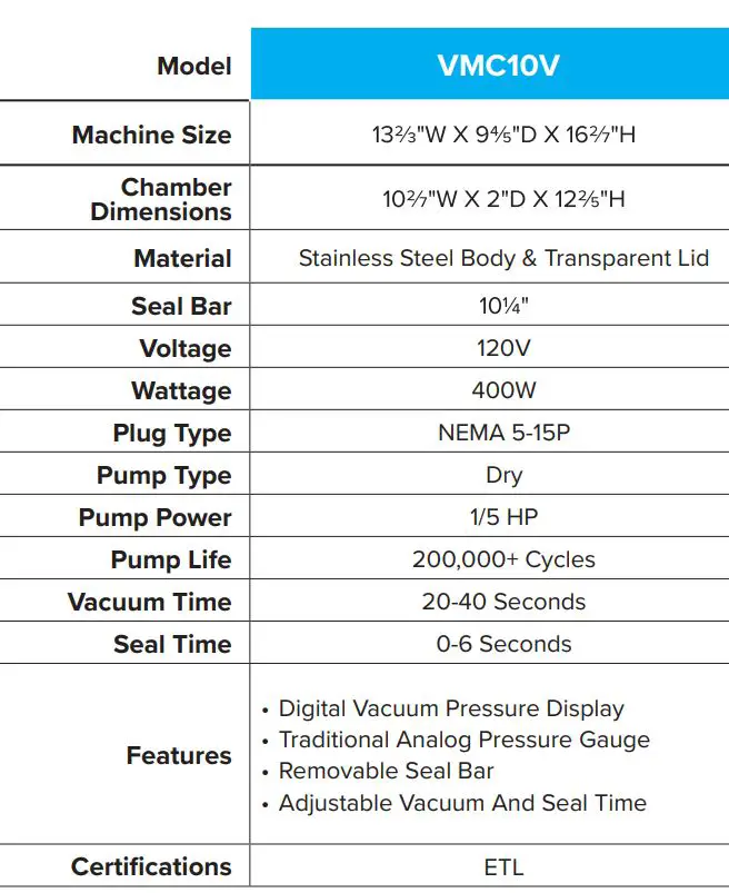 VacPak-It 186VMC10V Seal Bar Instruction Manual - Model Specifications