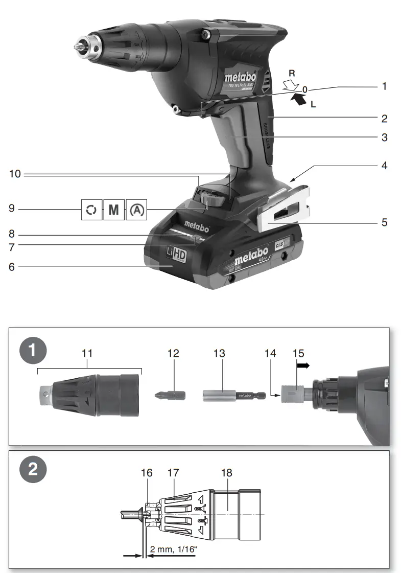 metabo HBS 18 LTX BL 3000 Cordless Drywall Screwdriver - parts 1