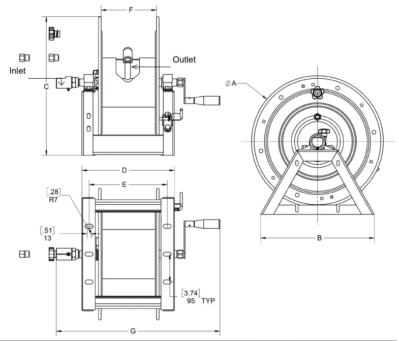GENERAL PUMP DHRA50150SS Stainless Steel Industrial Hose Reels - DIMENSIONS