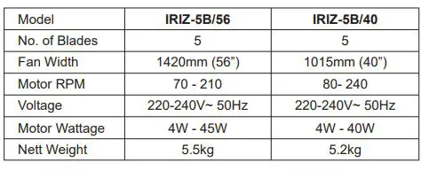 Vannus IRIZ-5B 56 Ceiling Fan - Technical Specifications 2