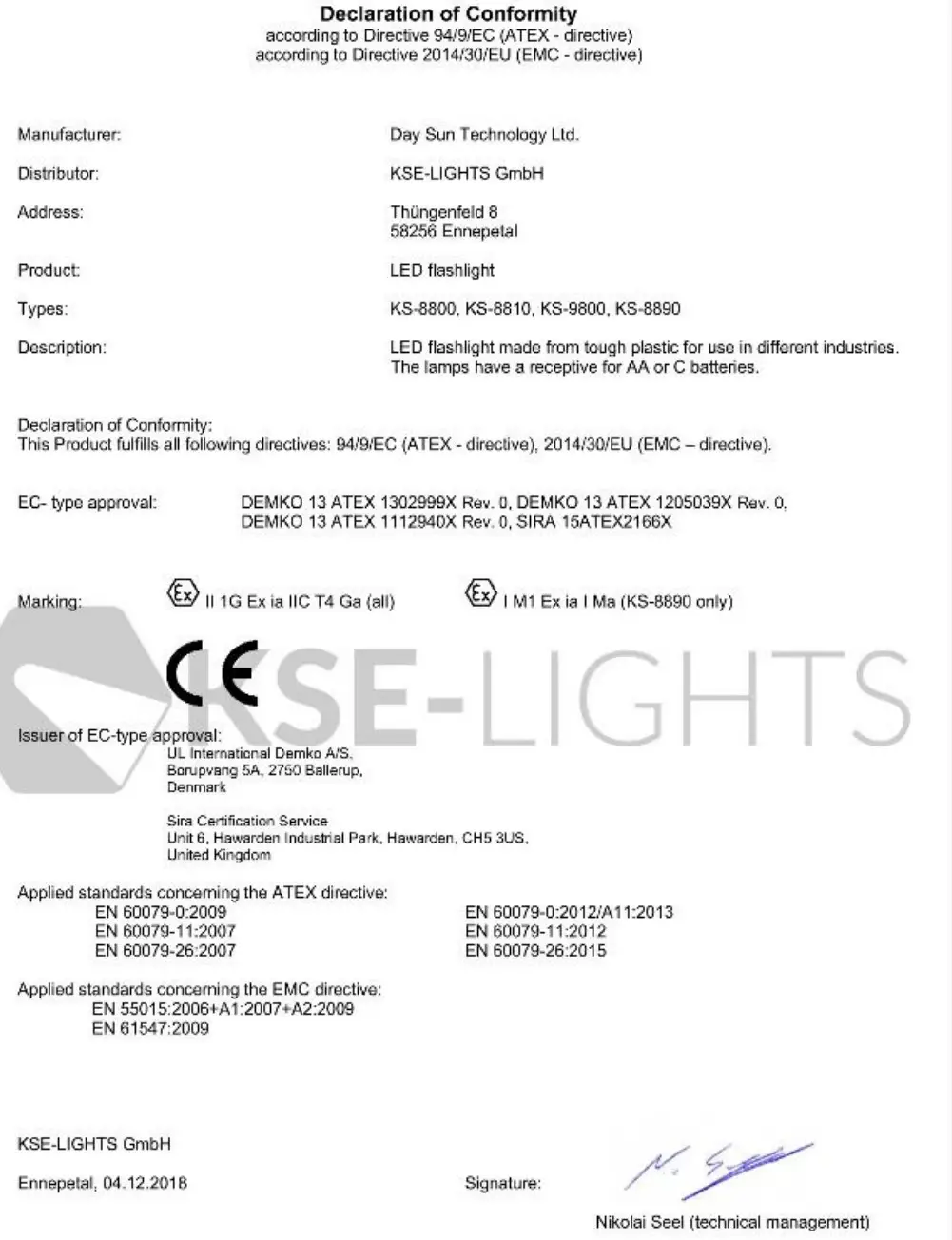 KSE LIGHTS KS 8890 Hand Lamp - Declaration of Conformit