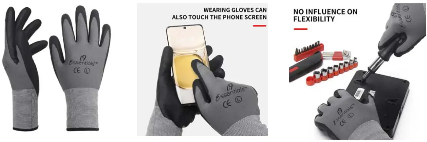 i9 Essentials 12 Pair Safety Work Gloves Touch Screen Micro Foam Nitrile Coated - Fig