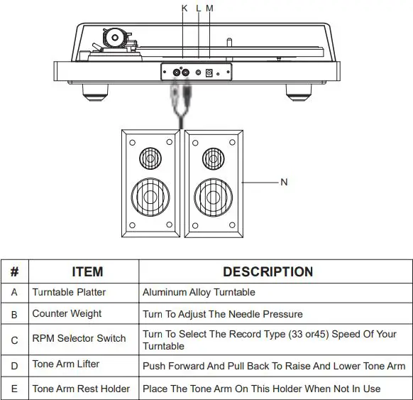 ARKROCKET AR-PH68 Cassini Turntable Instruction Manual - Back View