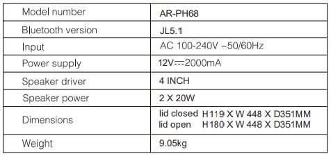 ARKROCKET AR-PH68 Cassini Turntable Instruction Manual - Technical Specifications