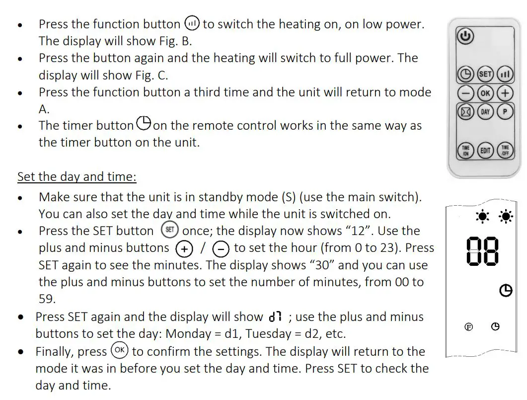 EUROM 350081 Bathroom Heater Wall Heater Bathroom Fan Heater Power Instruction Manual - Operation using the remote control