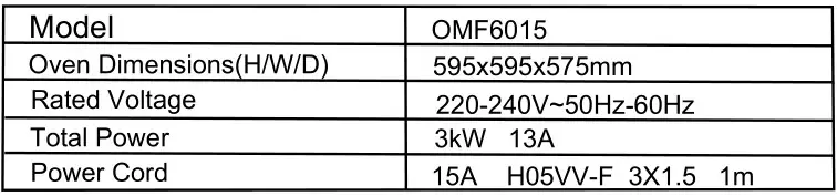 kleenmaid OMF6015 Multifunction Oven - TECHNICAL SPECIFICATIONS