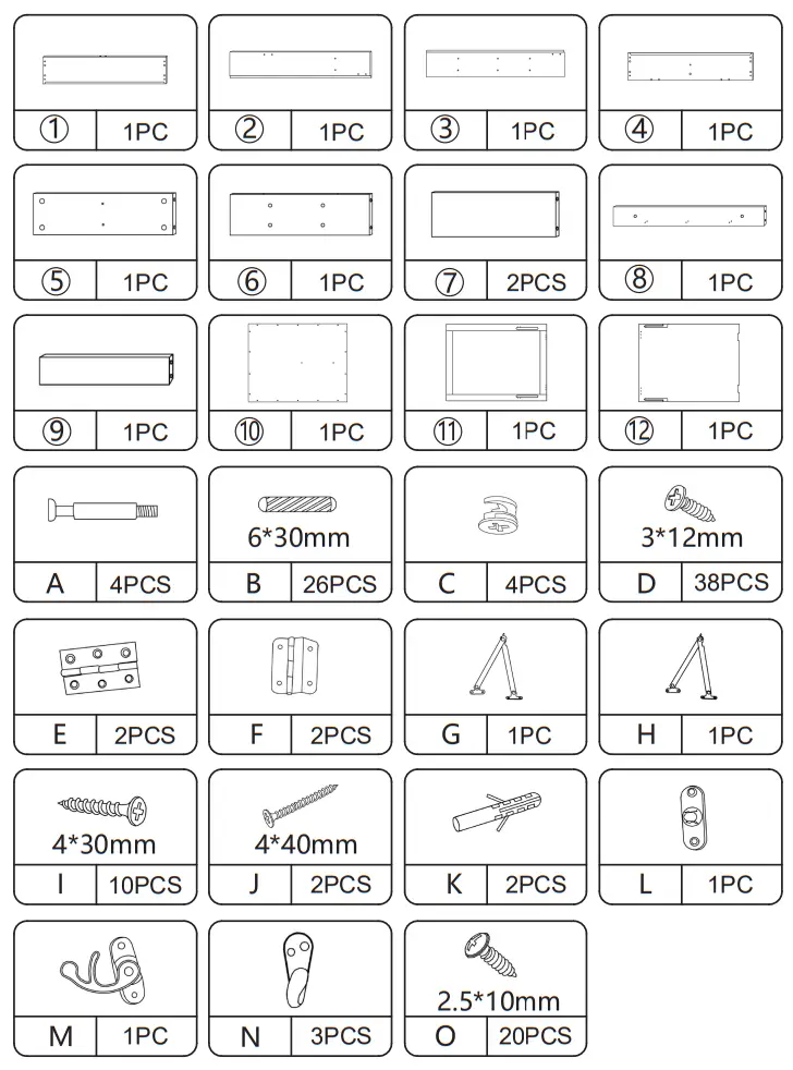 JAXPETY HG61Y1174 Wall Mounted Table Convertible Writing Desk W Storage Shelves - Hardware List