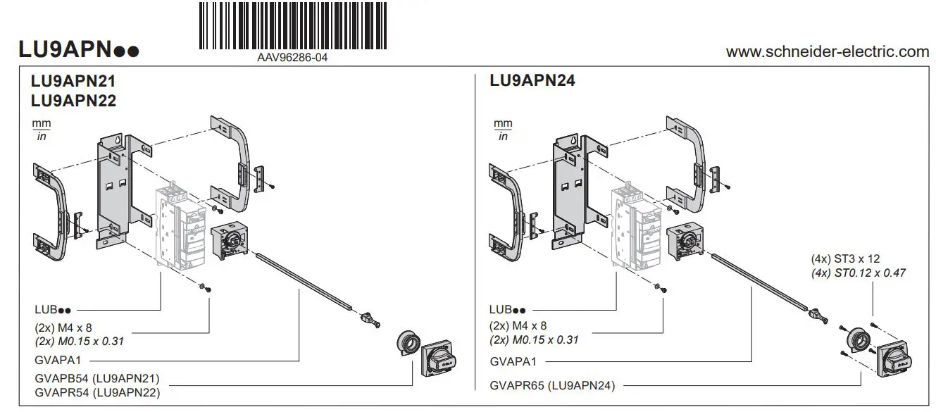 Schneider Electric LU9APN21 Mounting Bracket Kit with Extended Rotary Installation Guide
