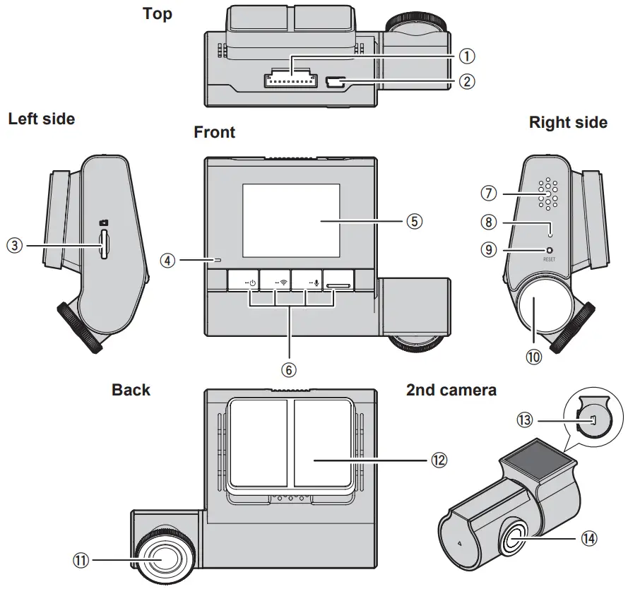 Pioneer VREC Z710DH 1080p HD Dash Camera - Part Names