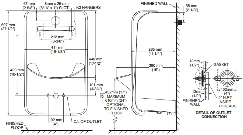 American Standard 6516 Top Spud Greenbrook Urinal - Back Spud