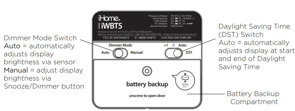 iHome iWBT5 Bluetooth Dual Alarm Clock Radio with Dual USB Charging - Bottom panel