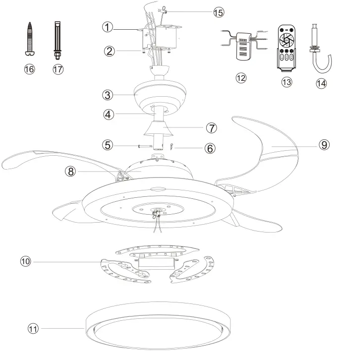 Bella Depot DC3605-G Retractable Ceiling Fan - should have followin