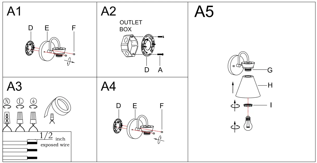 ZEVNIZ D8FQ3EVN 59W1 6 in 1 Light Black Indoor Wall Sconce - Make assembly