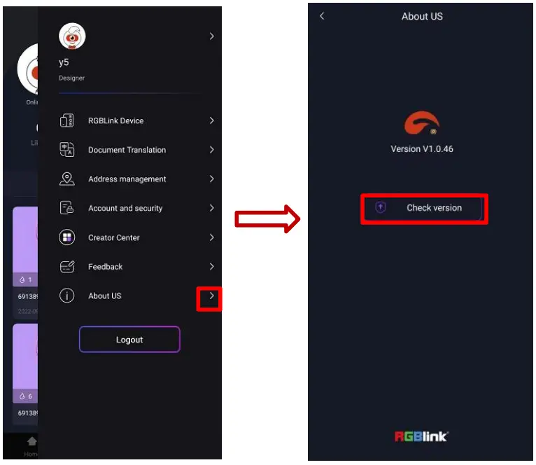 RGBlink TAO App - check current version