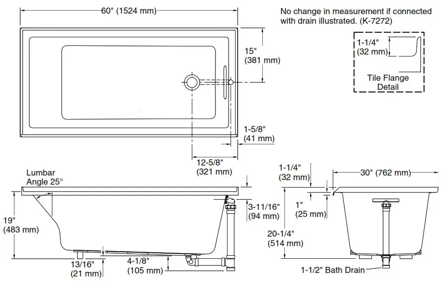 KOHLER K-1121-R Underscore 60 x 30 Inches Alcove Bath - bath