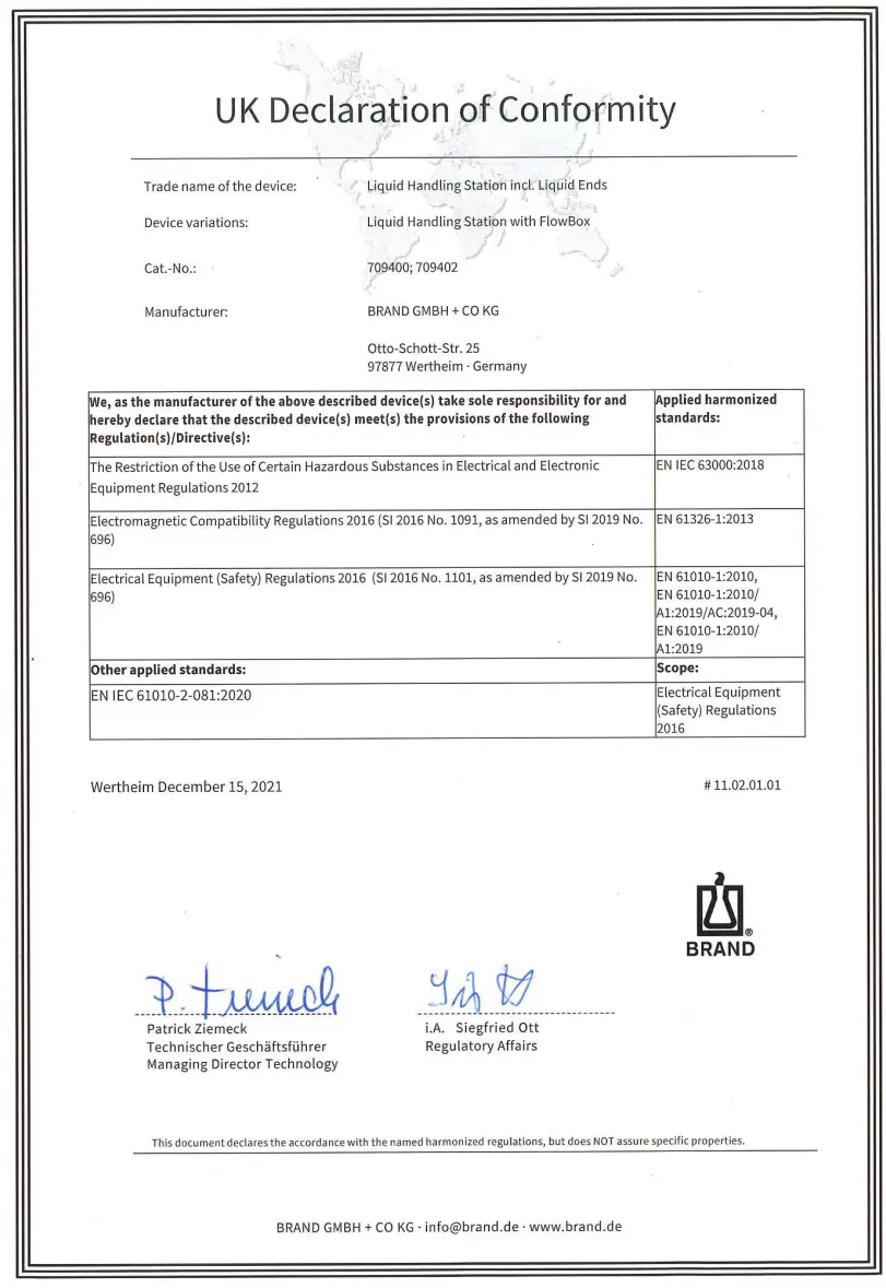 brand liquid handling station - Uk Declaration