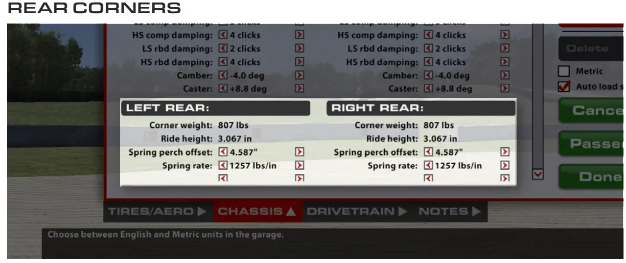 REAR CORNERS adjustments at each corner.