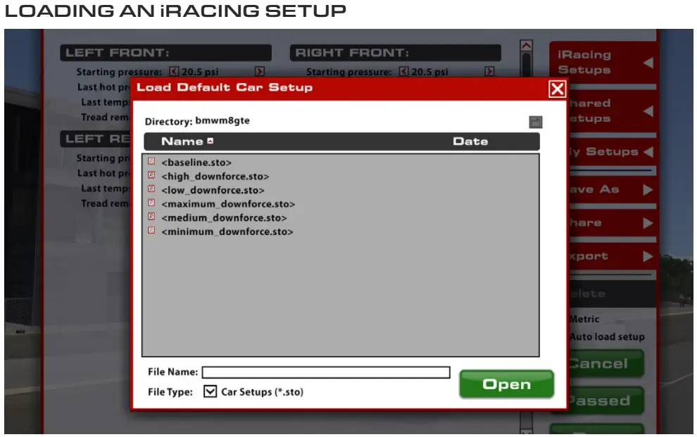 LOADING AN i RACING SETUP
