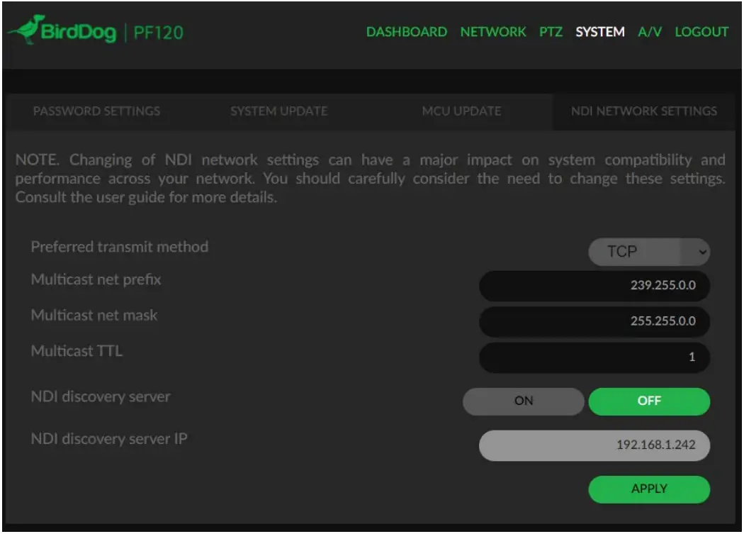 BirdDog PF120 Full NDI Box Camera - NETWORK SETTINGS