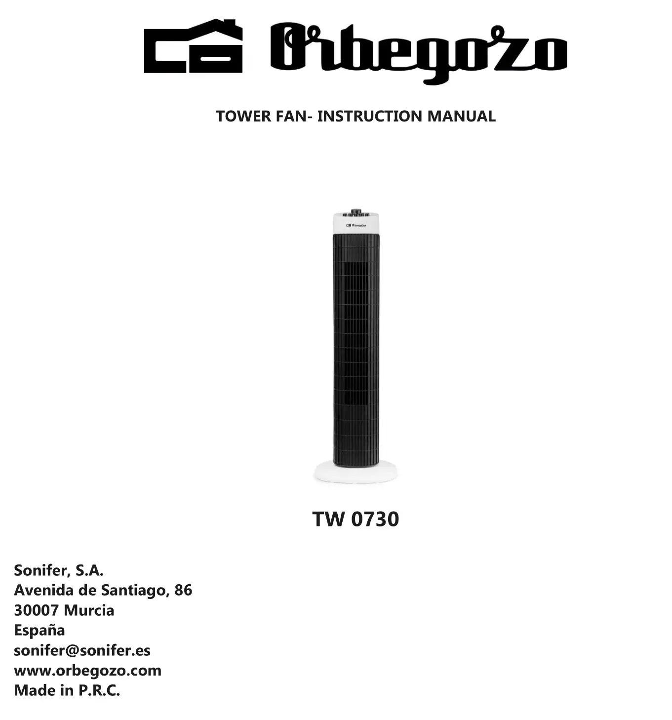 Orbegozo TW 0730 Tower Fan Instruction Manual
