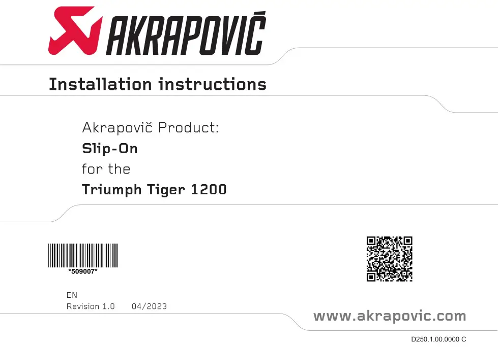 AKRAPOVIC 509007 Triumph Tiger 1200 Slip-On Instruction Manual
