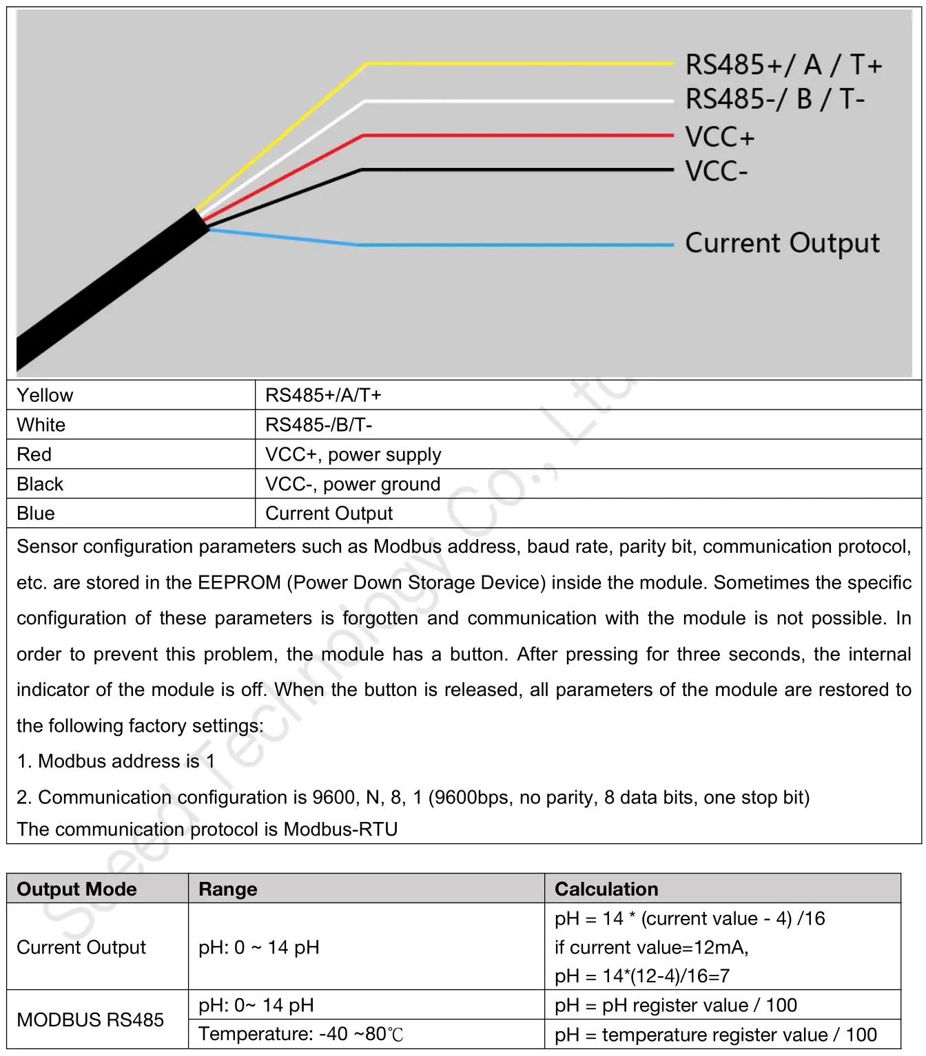SENSECAP S-pH-01 RS485 and 4-20mA Current pH Sensor - Wiring and Output