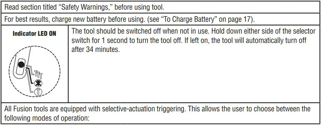 FUSION F-15XP Cordless Finish Nailers Instruction Manual - Tool Operation