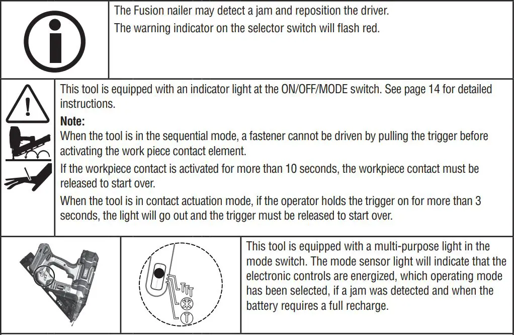 FUSION F-15XP Cordless Finish Nailers Instruction Manual - Tool Operation