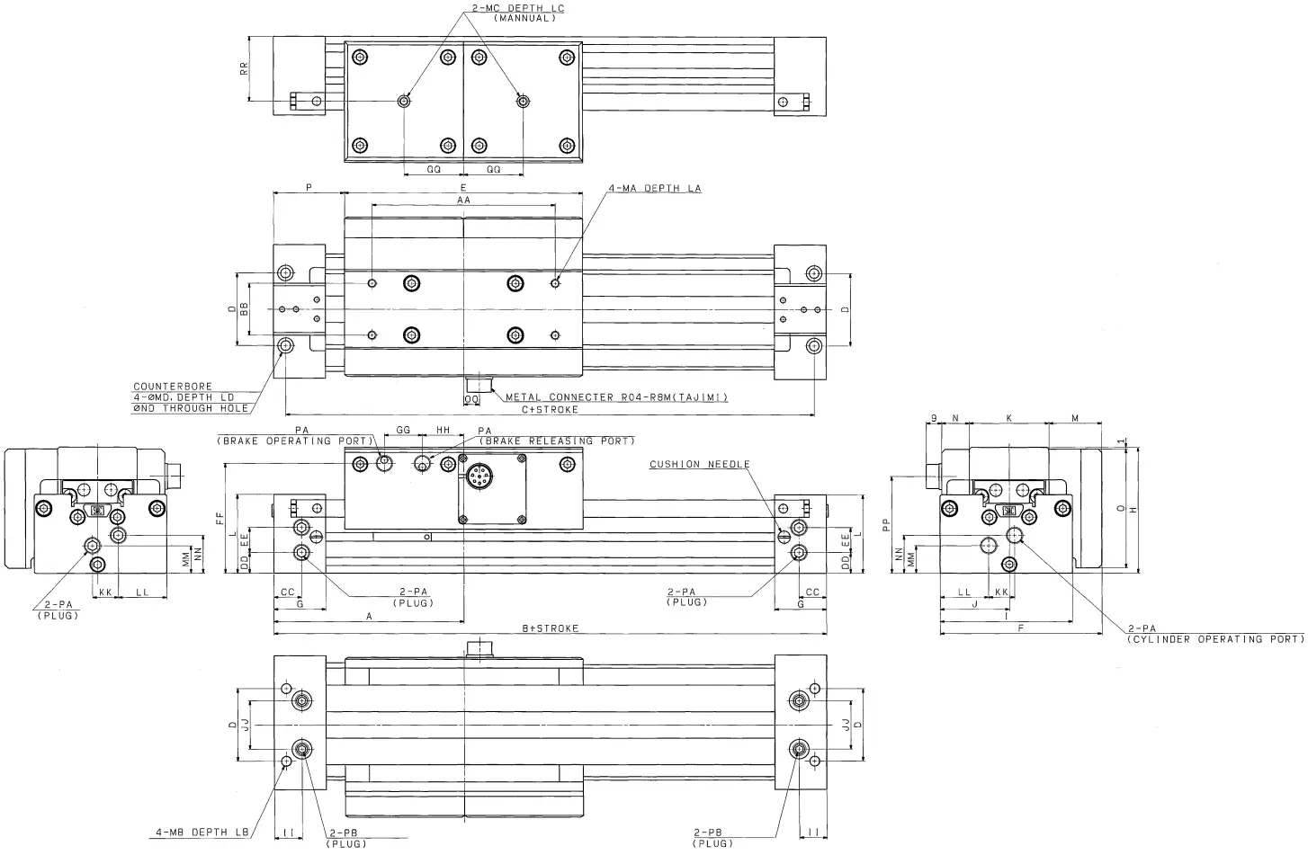 SMC ML2B Series Hyrodless Monosashi Kun Stroke Reading Cylinder - External Dimension Drawing 1