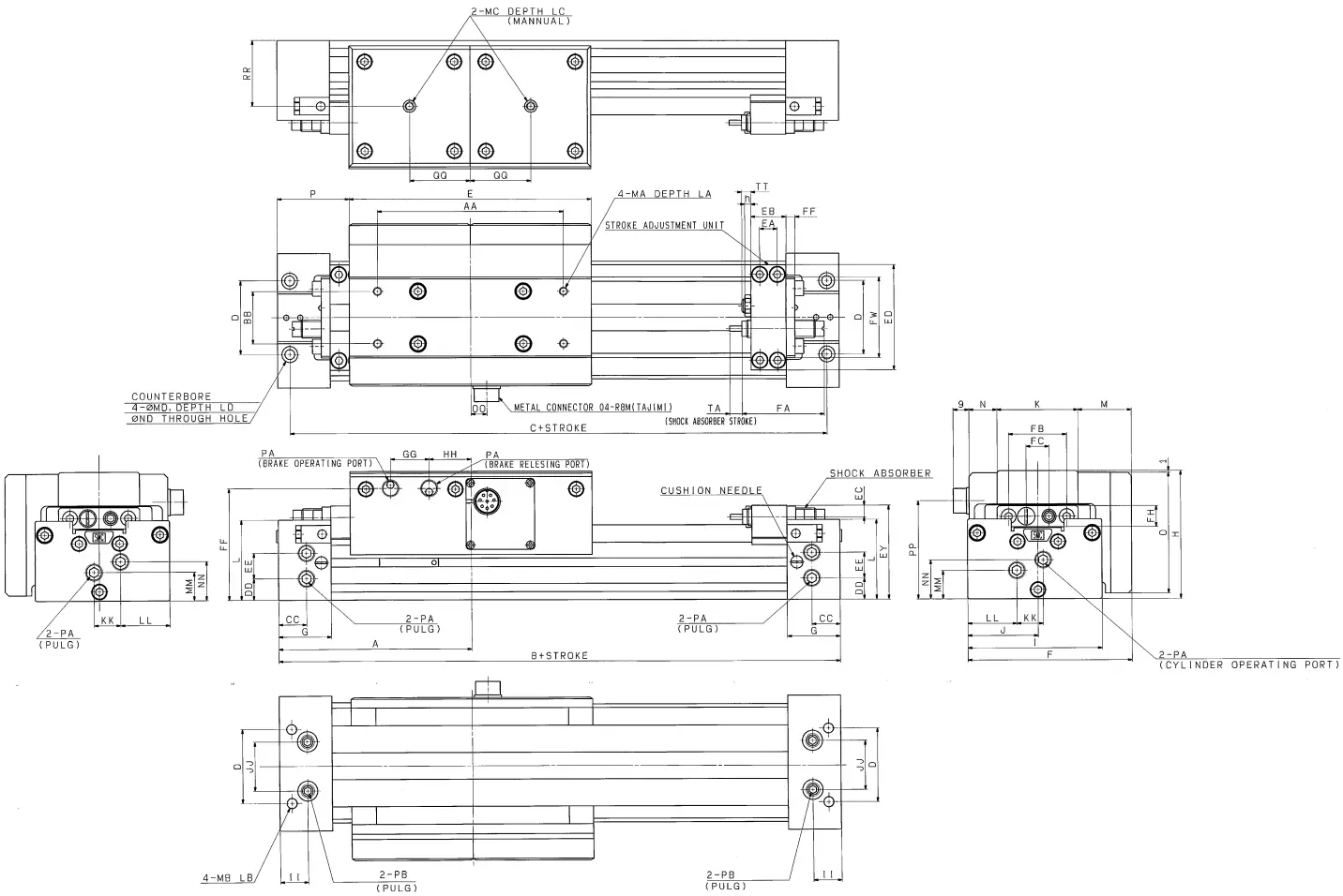 SMC ML2B Series Hyrodless Monosashi Kun Stroke Reading Cylinder - External Dimension Drawing 4
