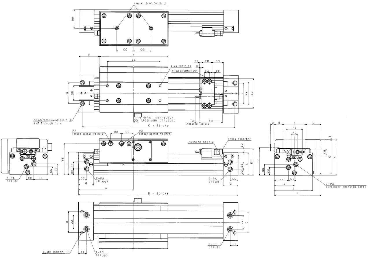 SMC ML2B Series Hyrodless Monosashi Kun Stroke Reading Cylinder - External Dimension Drawing 6