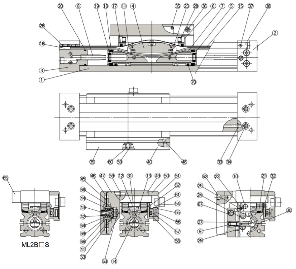 SMC ML2B Series Hyrodless Monosashi Kun Stroke Reading Cylinder - Parts list