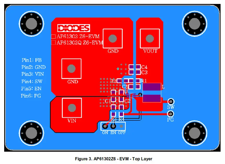 DIODES AP61302Z6-EVM 2.3V TO 5.5V Input 3A Synchronous Buck Converter - DIODES AP61302Z6-EVM 2.3V TO 5.5V Input 3A Synchronous Buck Converter - PCB Top Layout