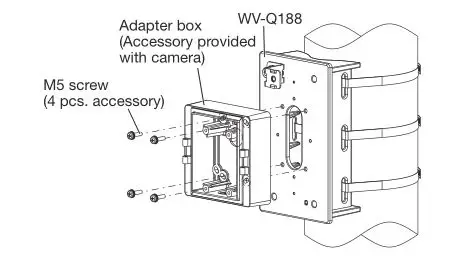 i-PRO WV-Q182 Pole Mount Bracket - Align the four installation holes of adapter box with the M5 screw hole (4 places)