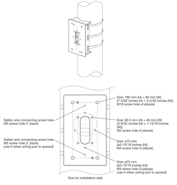 i-PRO WV-Q182 Pole Mount Bracket - Size illustration for installing part of WV-Q182 WV-Q188