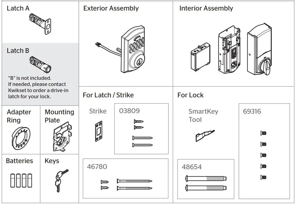 Kwikset SMARTCODE 914 Touchpad Electric Dead Bolt - Parts List