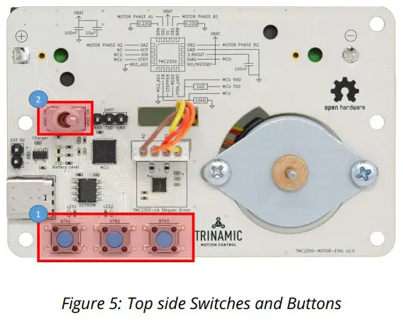 TRINAMIC TMC2300 Motor Evaluation Board for Stepper Motors - Top side Switches and Buttons