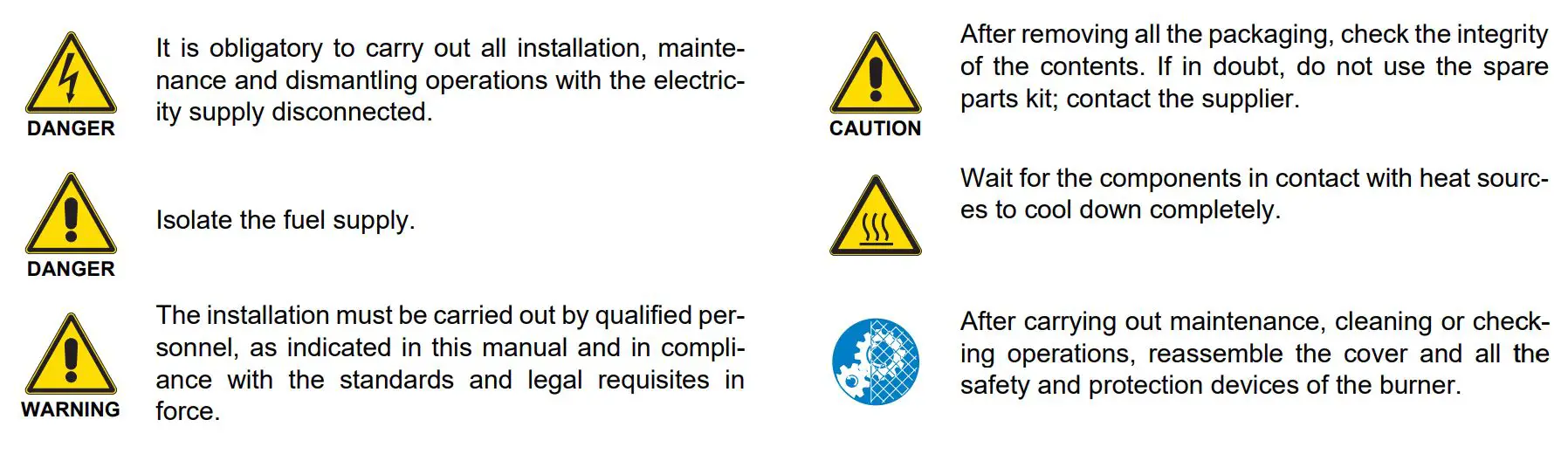 RIELLO RS 28 Gas Burners LPG Kit Instruction Manual - Installation safety notes