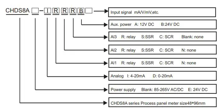 ApoSun CHDS8A Series Process Panel Meter Instruction Manual - Model number and ordering info