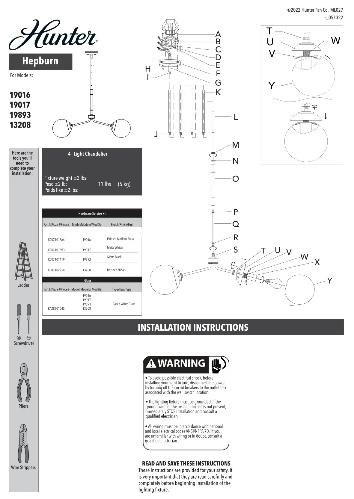 Hunter 13208 Hepburn 4 Light Brushed Nickel Branch Chandelie Instruction Manual