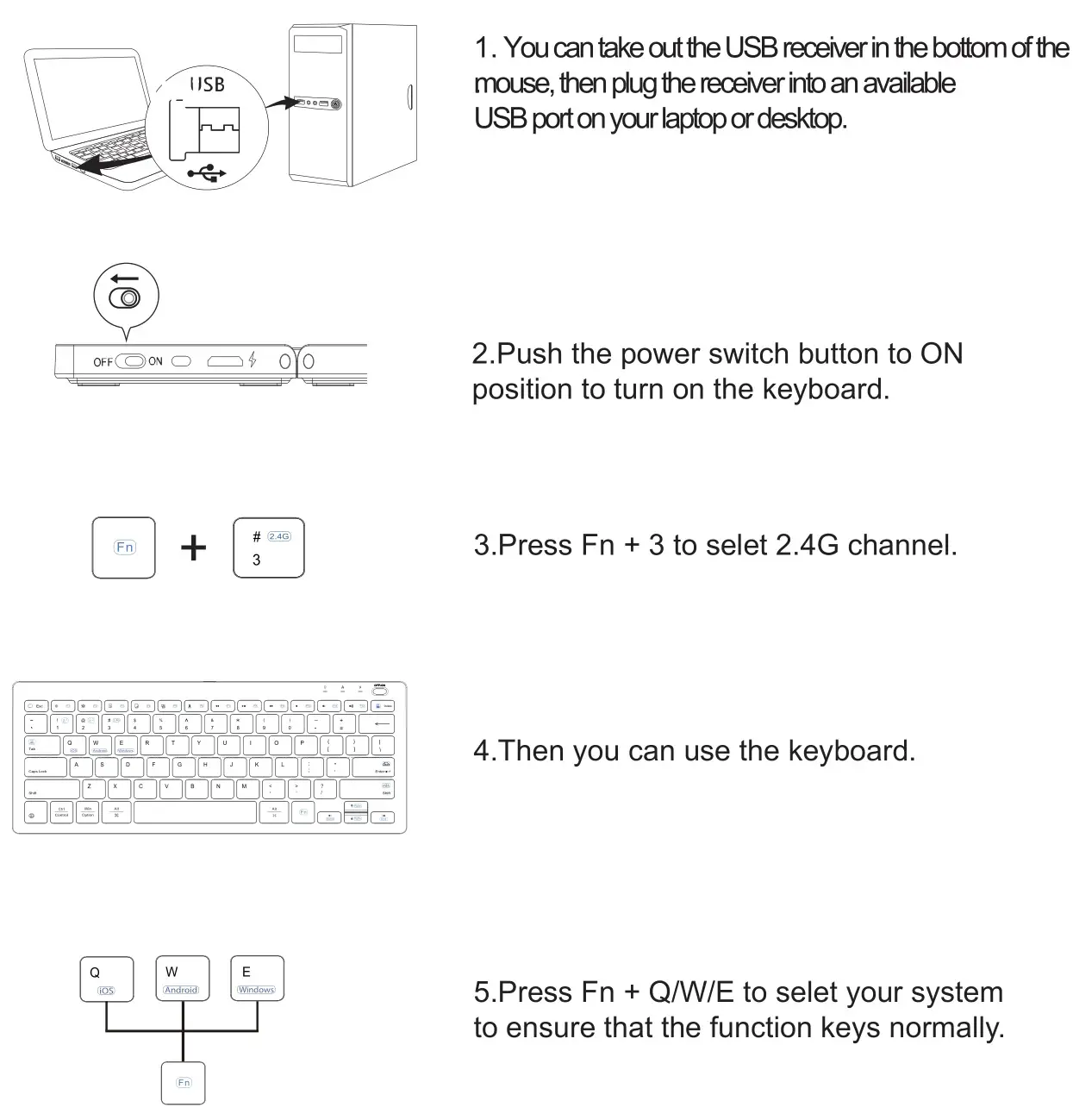 Qulose JL004 Bluetooth Keyboard and Mouse Set - 2.4G Pairing Instructions